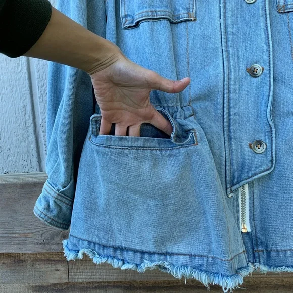 Free People oversized raw, flared hem denim jean jacket, adjustable cinch waist - Picture 8 of 16